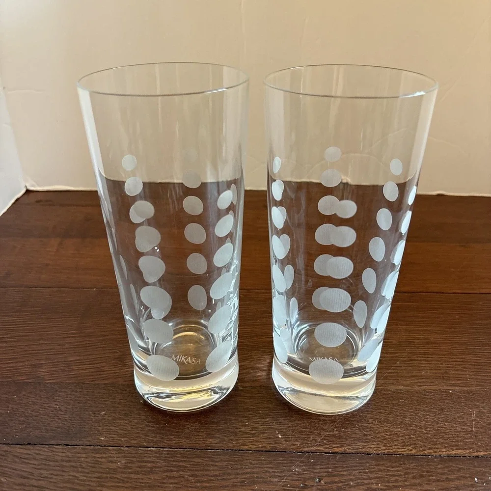 2 Mikasa Cheers Highball Tumbler Tom Collins‎ Glasses Etched 7.25 Dots / Bubbles